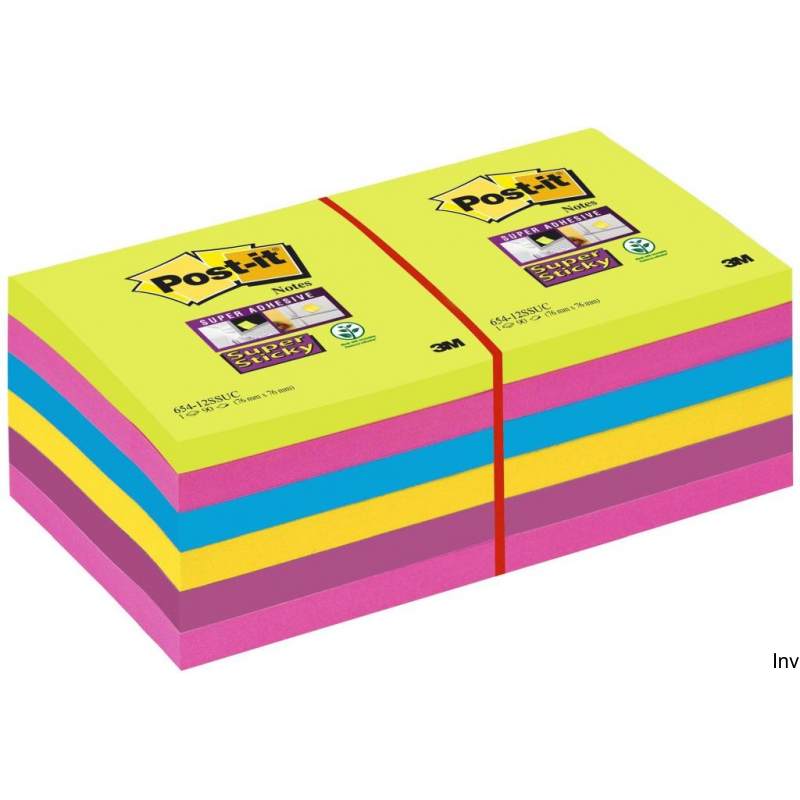 Post-It 3M Bloczek samoprzylepny Super Sticky 76x76mm, Zestaw 12x90 kart, Neonowe 654