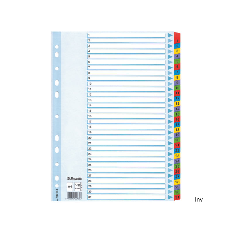 Przekładki kartonowe Mylar A4 1-31 160 g/m² białe Esselte z kolorowymi indeksami