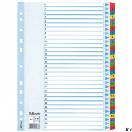 Przekładki kartonowe Mylar A4 1-31 160 g/m² białe Esselte z kolorowymi indeksami