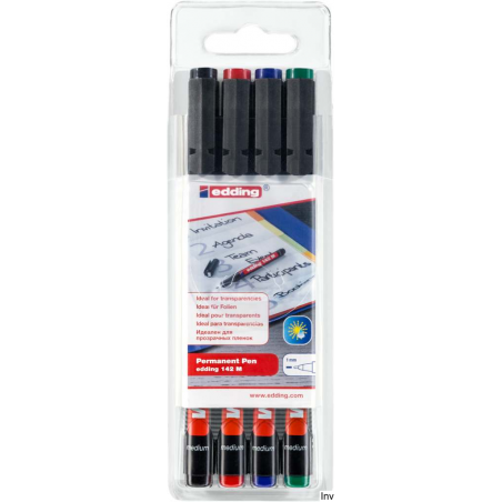 Edding Foliopis 1.0 Marker OHP z okrągłą końcówką, 4 kolory, 1 mm, wodoodporny, usuwalny alkoholem
