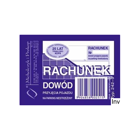 Rachunek dowód przyjęcia pojazdu na parking niestrzeżony Michalczyk i Prokop
