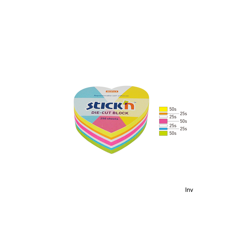 Notes samoprzylepny StickN serce 64x67 mm mix 5 kolorów neonowych i białego 250 karteczek