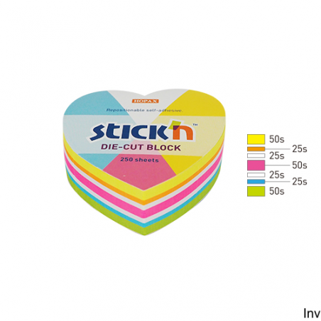 Notes samoprzylepny StickN serce 64x67 mm mix 5 kolorów neonowych i białego 250 karteczek