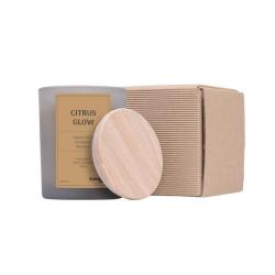 Świeca sojowa DONAU HOME, w szarym szkle, drewniana pokrywa i knot, Citrus Glow, 200g