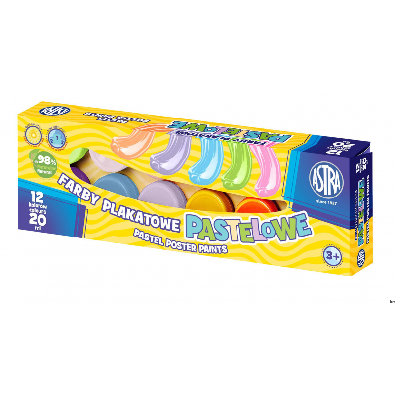 Farby plakatowe pastelowe Astra 12 kolorów 20 ml do malowania na papierze, kartonie, drewnie i ceramice