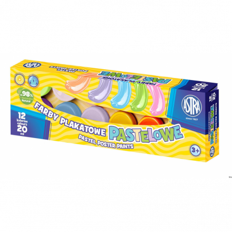 Farby plakatowe pastelowe Astra 12 kolorów 20 ml do malowania na papierze, kartonie, drewnie i ceramice