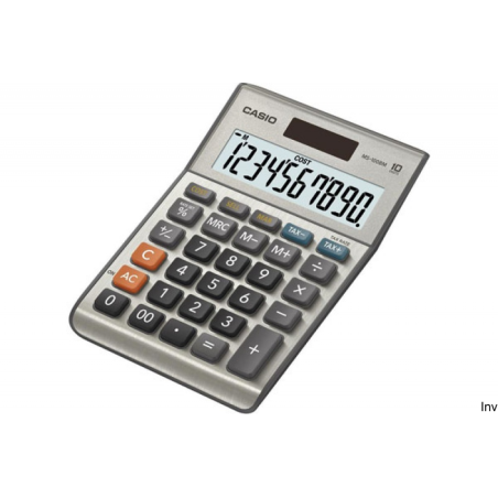 Kalkulator Casio MS-100 FM z 10-cyfrowym wyświetlaczem, zasilany bateryjnie i słonecznie, szary