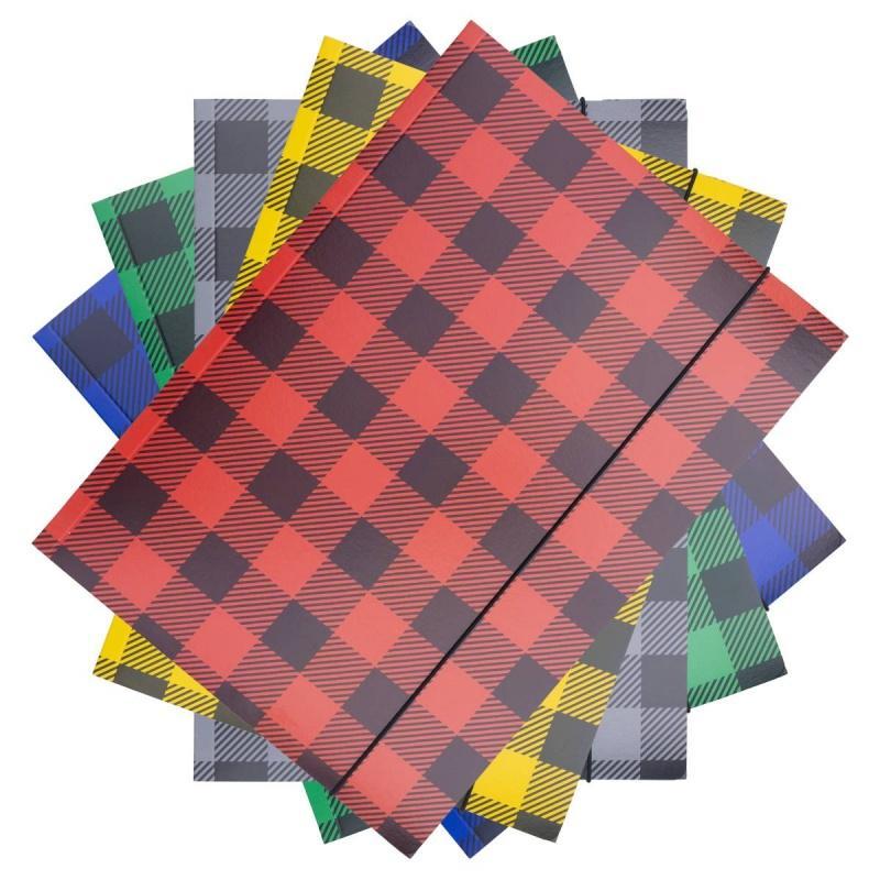 PAKIET Teczka z gumką OFFICE PRODUCTS, karton/lakier, A4, 320gsm, 3-skrz., mix kolorów w kratę