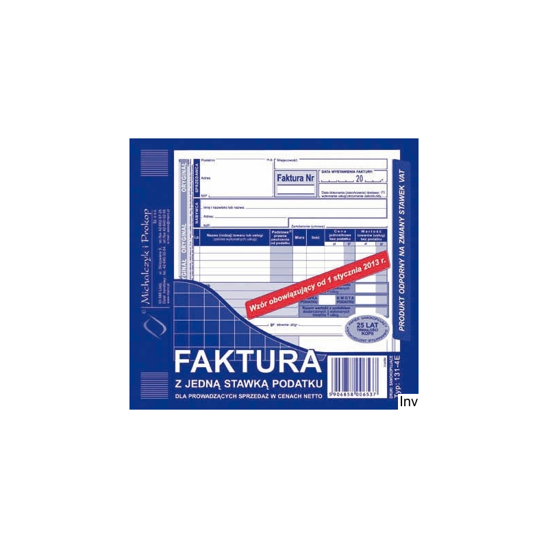 Faktura z jedną stawką podatku sprzedaży netto 2/3 A5 Michalczyk i Prokop, samokopiująca, 80 kartek