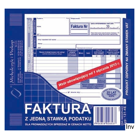 Faktura z jedną stawką podatku sprzedaży netto 2/3 A5 Michalczyk i Prokop, samokopiująca, 80 kartek