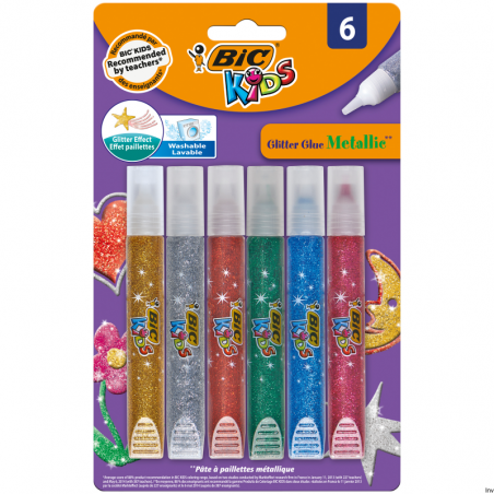 Klej w sztyfcie BIC Kids Glitter Metallic 6 sztuk, ekologiczny do papieru, kartonu i tkanin