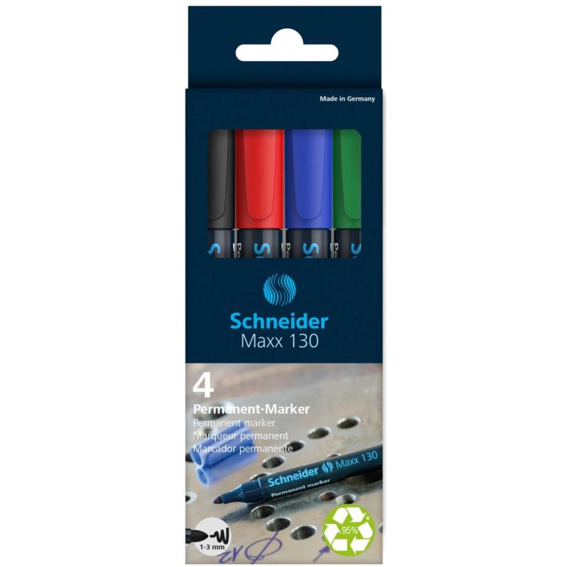 Zestaw markerów uniwersalnych SCHNEIDER Maxx 130, 1-3 mm, 4 szt., pudełko z zawieszką, mix kolorów