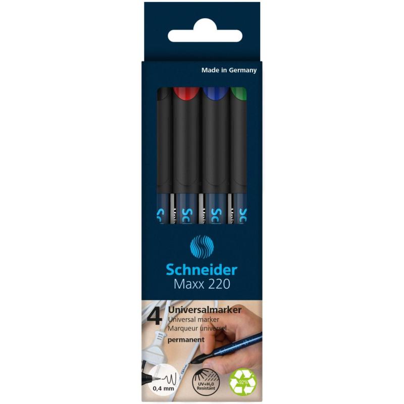 Zestaw foliopisów permanentnych SCHNEIDER Maxx 220, S, 0,4 mm, 4 szt., pudełko z zawieszką, mix kolorów