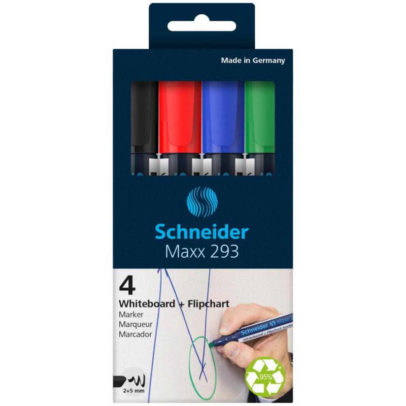 Zestaw markerów do tablic SCHNEIDER Maxx 293, 2-5 mm, 4 szt., pudełko z zawieszką, mix kolorów