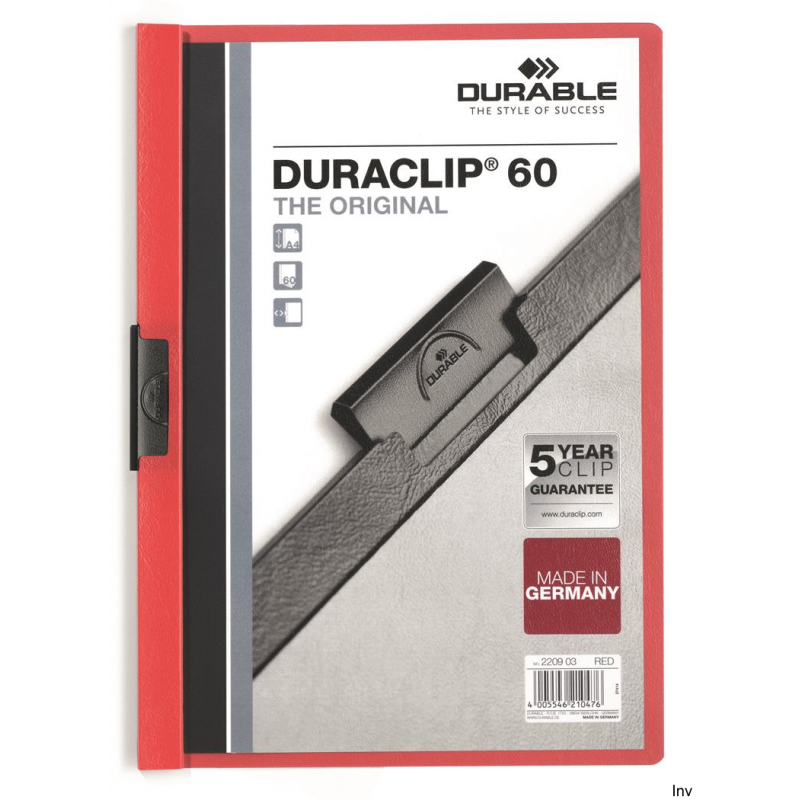 Skoroszyt DURABLE DURACLIP Original 60 czerwony, pojemność do 60 kartek, metalowy klips, polipropylen