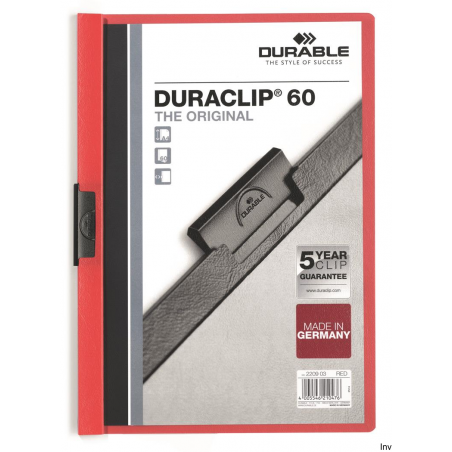 Skoroszyt DURABLE DURACLIP Original 60 czerwony, pojemność do 60 kartek, metalowy klips, polipropylen
