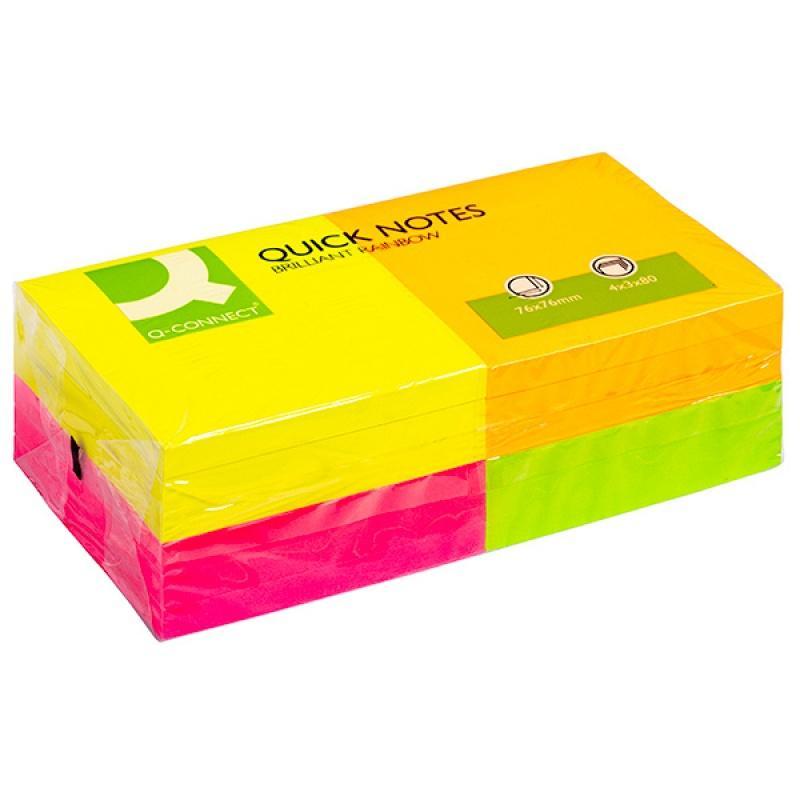Bloczek samoprzylepny Q-CONNECT Rainbow, 76x76mm, 4x3x80 kart., neon, mix kolorów