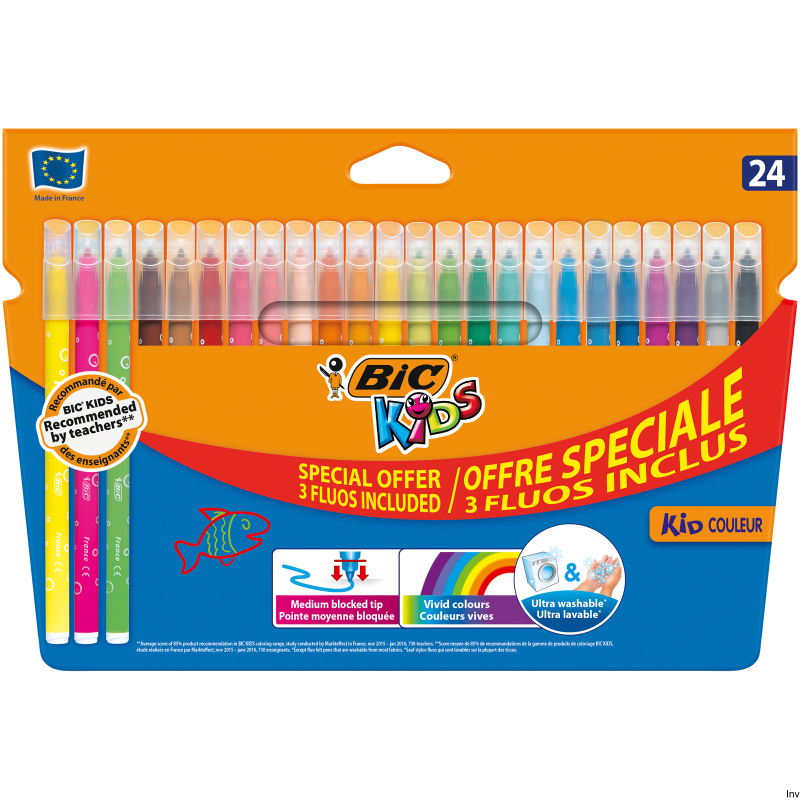 Flamastry BIC Kids Kid Couleur Fluo 24 sztuki, zmywalne, dla dzieci powyżej 5 roku życia