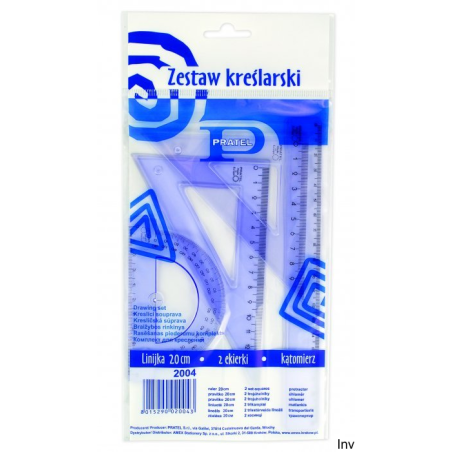 Komplet geometryczny Pratel z linijką 20 cm, ekierkami 45/60° i kątomierzem 10 cm w woreczku