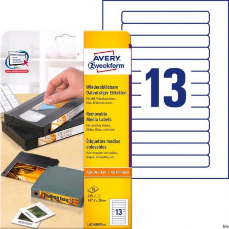 Etykiety Avery Zweckform L4746REV-25 147,3 x 20 mm, 25 arkuszy, usuwalne, do kaset wideo, kolor biały