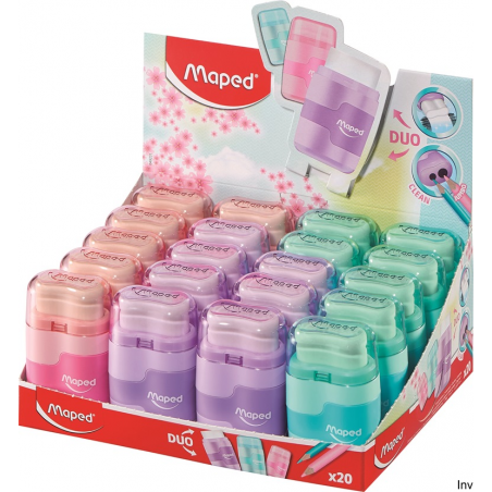 Temperówka z gumką Maped CONNECT pastel 2 otwory, dostępna w kolorach: błękitny, różowy, fioletowy