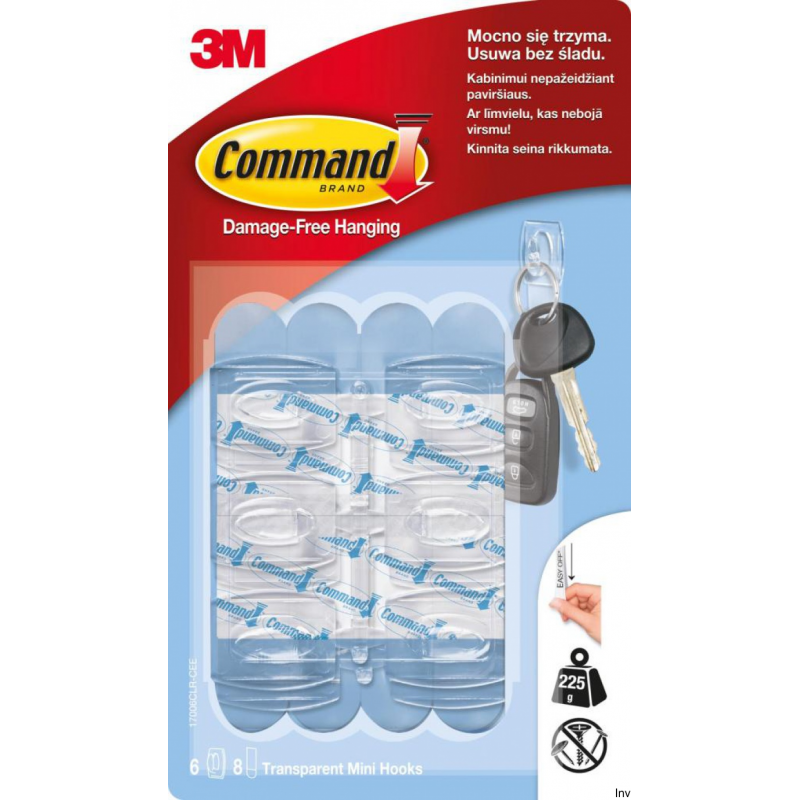 Haki wielokrotnego użytku Command 3M, małe, transparentne, 6 sztuk, do dekoracji, obciążenie do 225 g