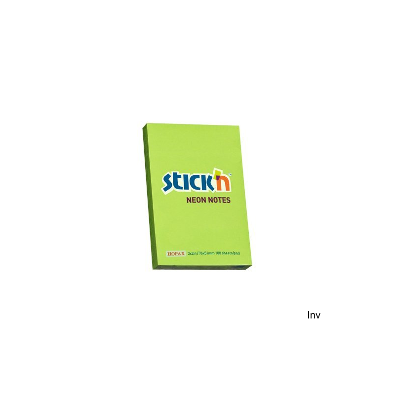 Bloczek samoprzylepny StickN 76x51 mm zielony neon 100 kartek