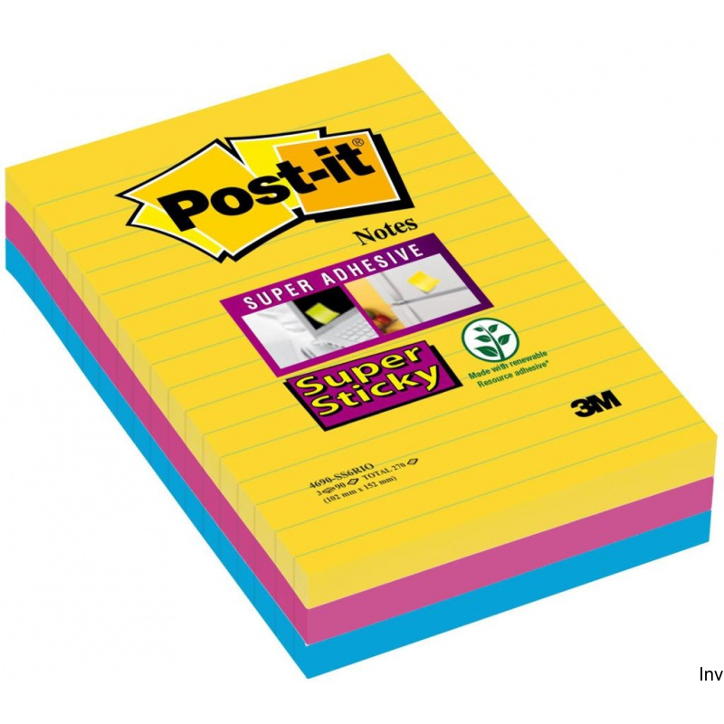Post-It 3M Bloczek samoprzylepny Super Sticky w linie 101x152mm, mix kolorów, 3x90 sztuk, paleta Rio de Janeiro