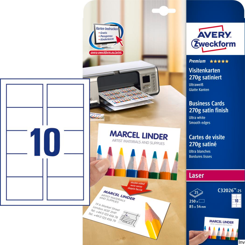 Wizytówki Avery Zweckform C32026-25 85x54 mm 250 sztuk satynowane śnieżnobiałe 270 g