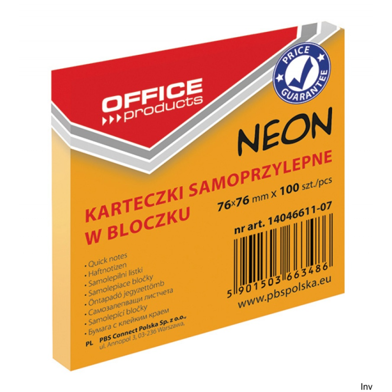 Bloczek samoprzylepny Biella 76x76 mm 100 karteczek NEON pomarańczowy