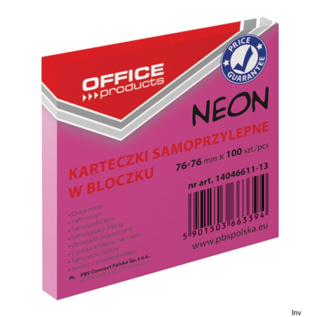 Biella Bloczek samoprzylepny 76x76 mm 100 sztuk różowy neon 70 gsm