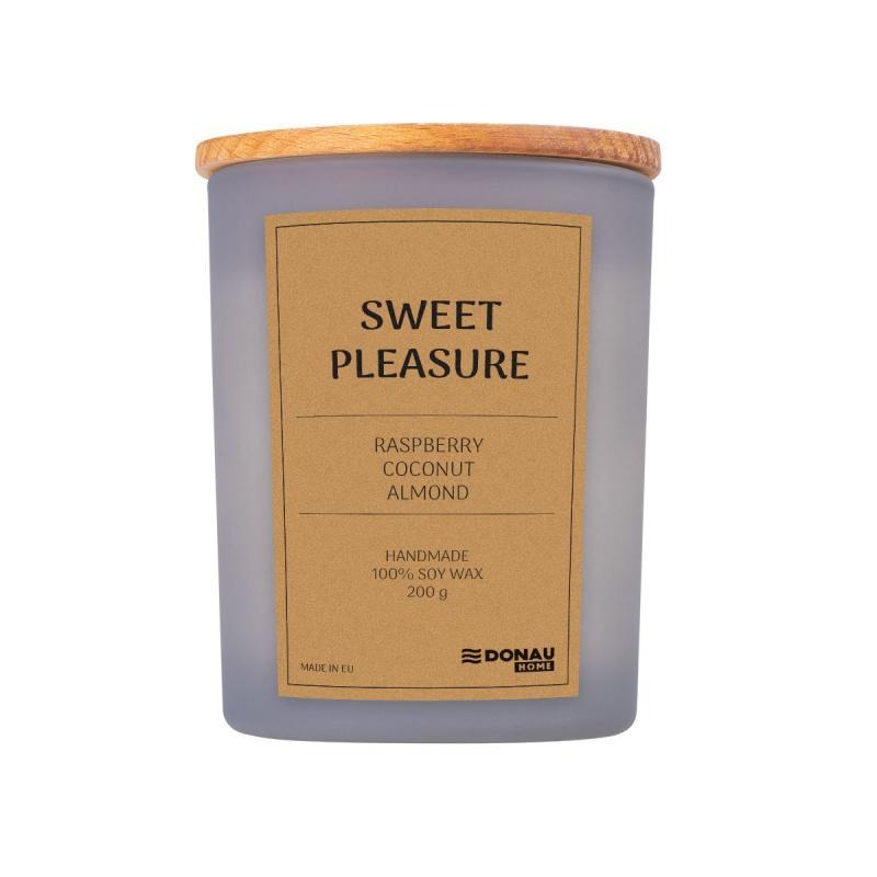 Świeca sojowa DONAU HOME, w szarym szkle, drewniana pokrywa i knot, Sweet Pleasure, 200g