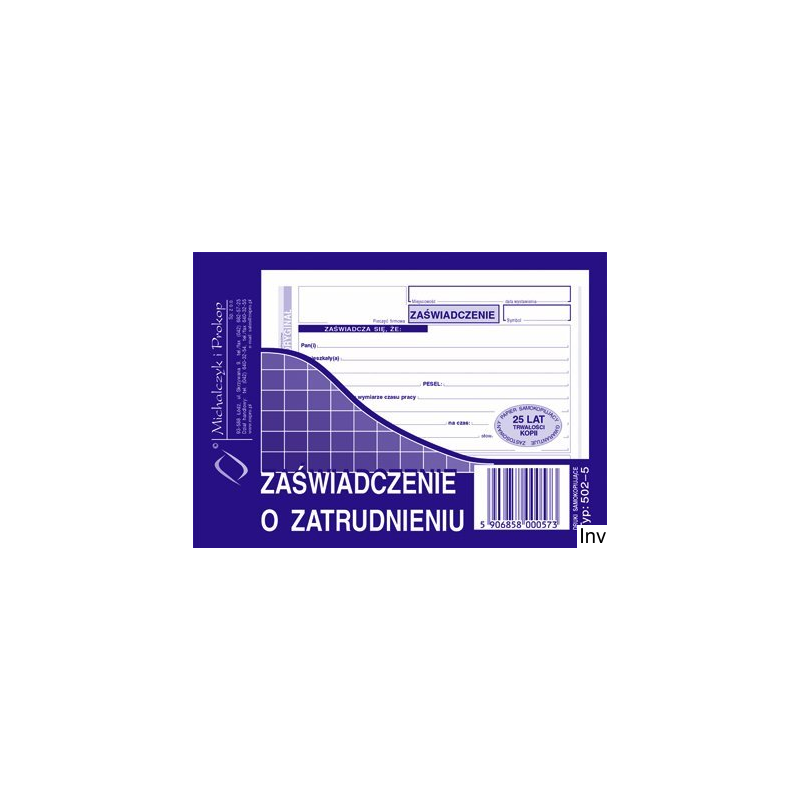 502-5 Zaświadczenie o zatrudnieniu MICHALCZYK&PROKOP A6 80 kartek