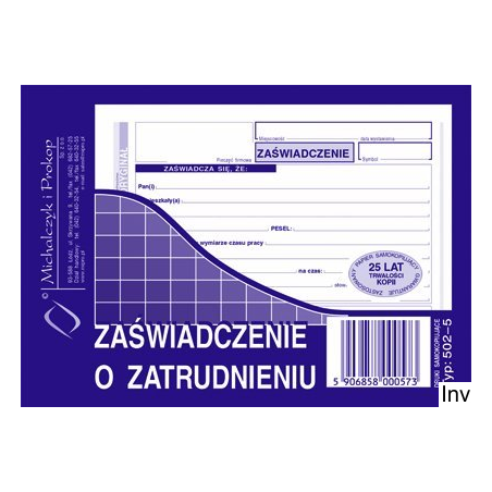 502-5 Zaświadczenie o zatrudnieniu MICHALCZYK&PROKOP A6 80 kartek
