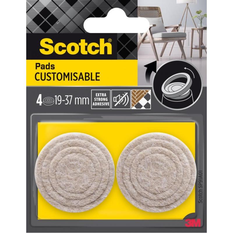 Regulowane podkładki filcowe SCOTCH, samoprzylepne, okrągłe, 19-37mm, 4 szt., beżowe
