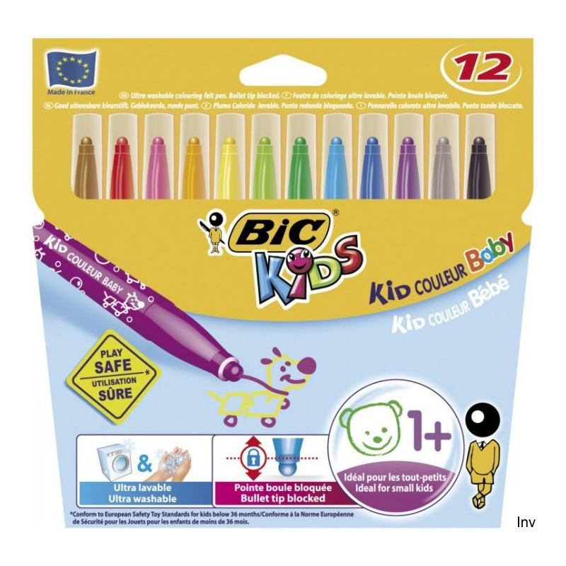 Flamastry BIC Kid Couleur Baby, zmywalne, 12 kolorów, dla dzieci od 1 roku życia