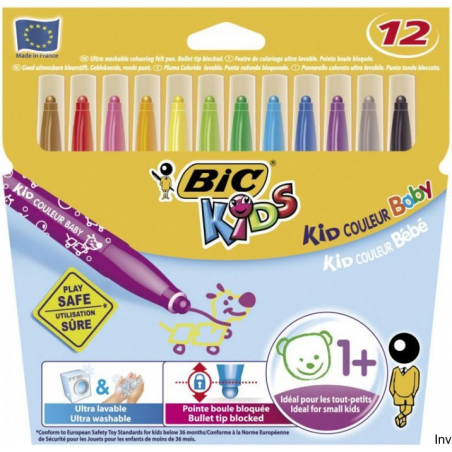 Flamastry BIC Kid Couleur Baby, zmywalne, 12 kolorów, dla dzieci od 1 roku życia