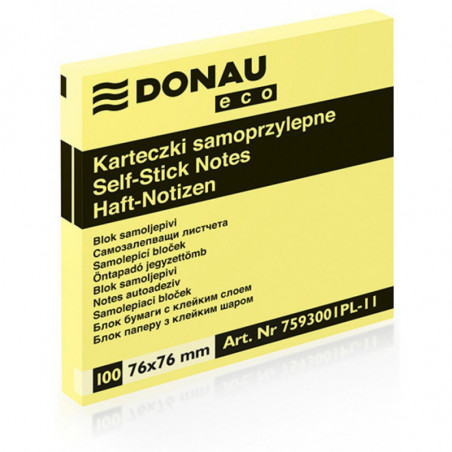 PAKIET Bloczek samoprzylepny DONAU Eco, 76x76mm, 1x100 kart., jasnożółty