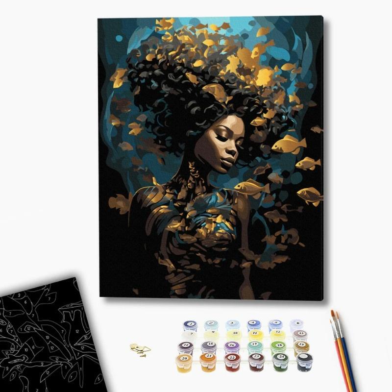 Malowanie po numerach BRUSHME, 40x50 cm, czarne płótno, gold, morska nimfa, 1 szt., w pudełku