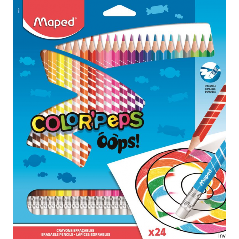 Kredki trójkątne ścieralne z gumką Maped ColorPaps OOPS 24 sztuki