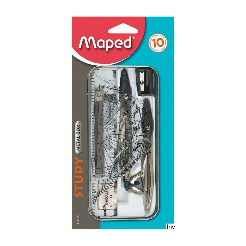 Cyrkiel Maped STUDY 10-elementowy w metalowym etui z linijką, ekierkami, kątomierzem i akcesoriami