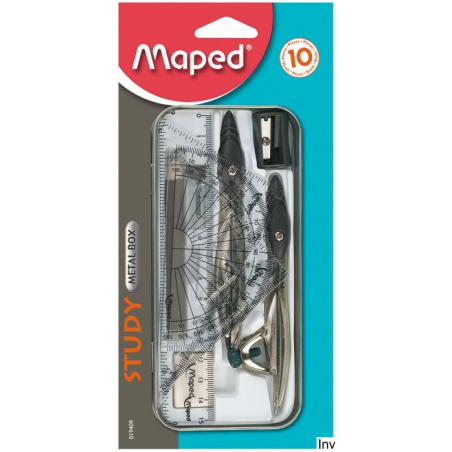 Cyrkiel Maped STUDY 10-elementowy w metalowym etui z linijką, ekierkami, kątomierzem i akcesoriami