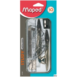 Cyrkiel Maped STUDY 10-elementowy w metalowym etui z linijką, ekierkami, kątomierzem i akcesoriami