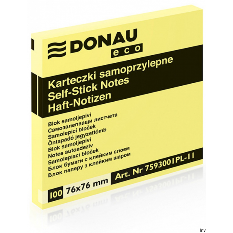 Donau Bloczek ECO 76x76 mm 100 sztuk jasnożółty 70 gsm z klejem usuwalnym wodą