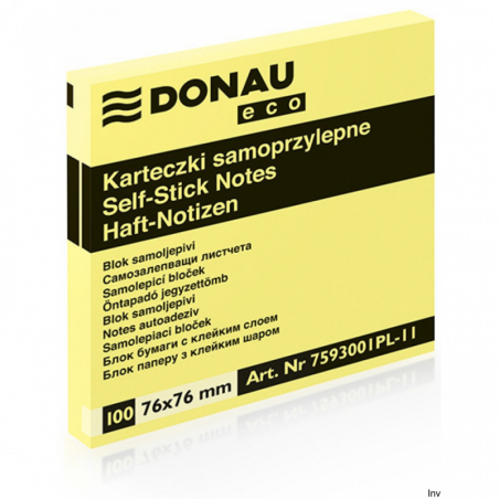 Donau Bloczek ECO 76x76 mm 100 sztuk jasnożółty 70 gsm z klejem usuwalnym wodą