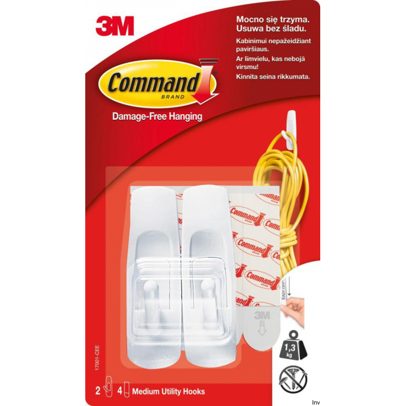 Haczyki wielokrotnego użytku Command 3M, średnie, białe, 2 sztuki, maksymalne obciążenie 1 kg