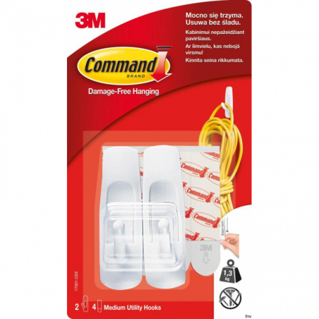 Haczyki wielokrotnego użytku Command 3M, średnie, białe, 2 sztuki, maksymalne obciążenie 1 kg