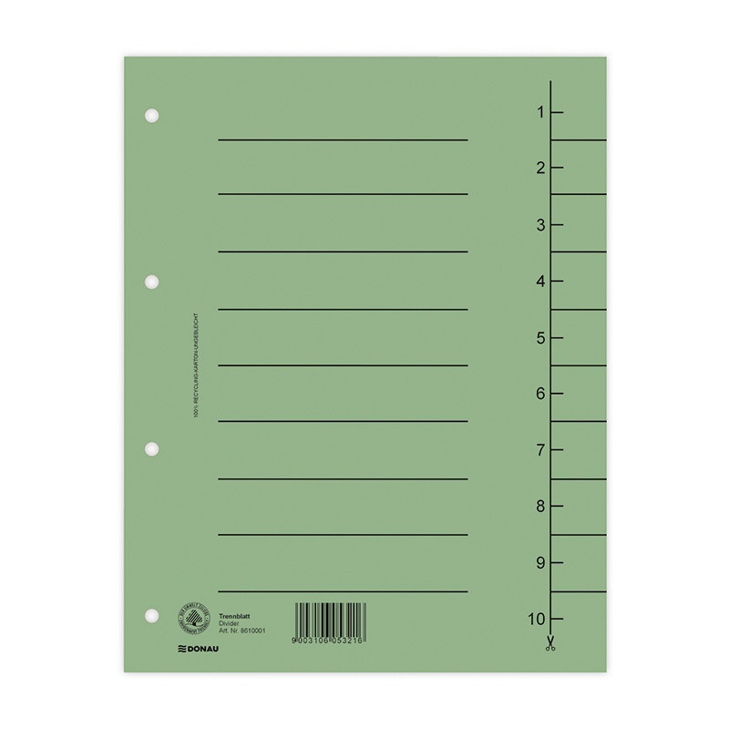 PAKIET Przekładka DONAU, karton, A4, 235x300mm, 1-10, 1 karta, zielona
