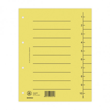 PAKIET Przekładka DONAU, karton, A4, 235x300mm, 1-10, 1 karta, żółta