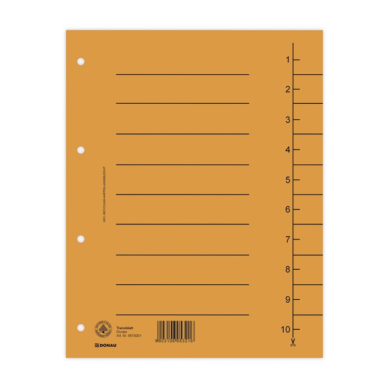 PAKIET Przekładka DONAU, karton, A4, 235x300mm, 1-10, 1 karta, pomarańczowa